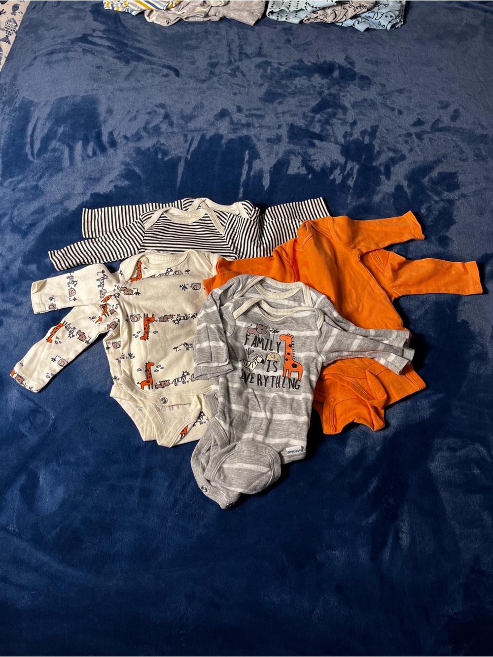 Twin Boys One-Piece Bodysuits, 4 Sets in Orange, Gray, and Cream.  EXC Newborn